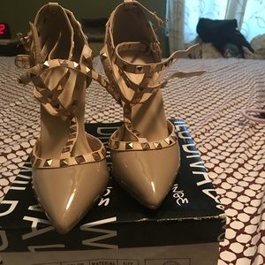 Cream short lace up heels with gold studs
